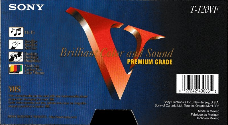 VHS, Video Home System Sony Premium Grade 120 "T-120VF" Type I Normal 1999 North America