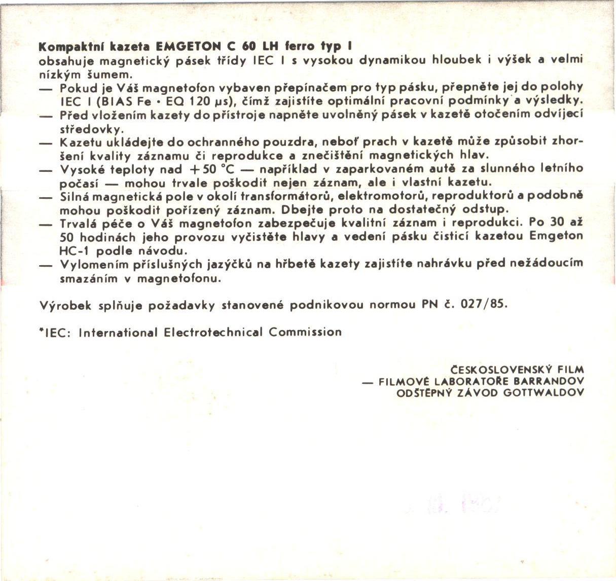 Compact Cassette Emgeton LH 60 Type I Normal 1985 Czechoslovakia