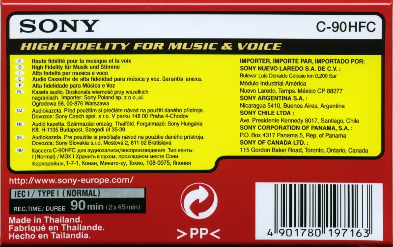 Compact Cassette Sony HF 90 "C-90HFC" Type I Normal 2002 Europe