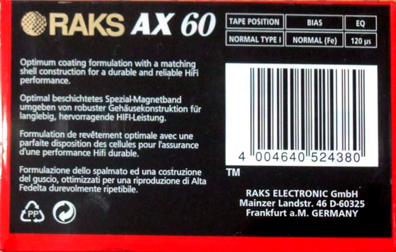 Compact Cassette RAKS AX 60 Type I Normal 1996 Europe