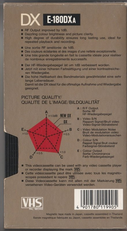 VHS, Video Home System Sony DX 180 "E-180DXA" Type I Normal Europe