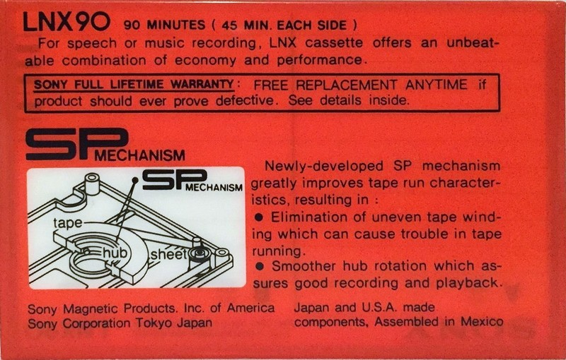 Compact Cassette Sony LNX 90 Type I Normal 1983 USA