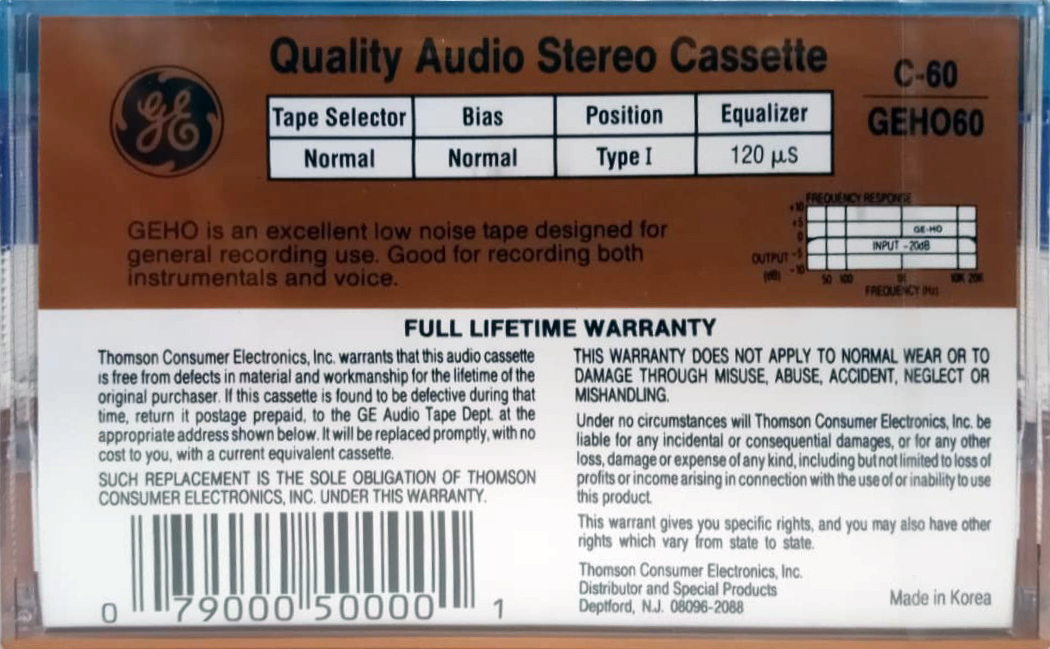 Compact Cassette GE / General Electric GE-HO 60 Type I Normal 1988 USA