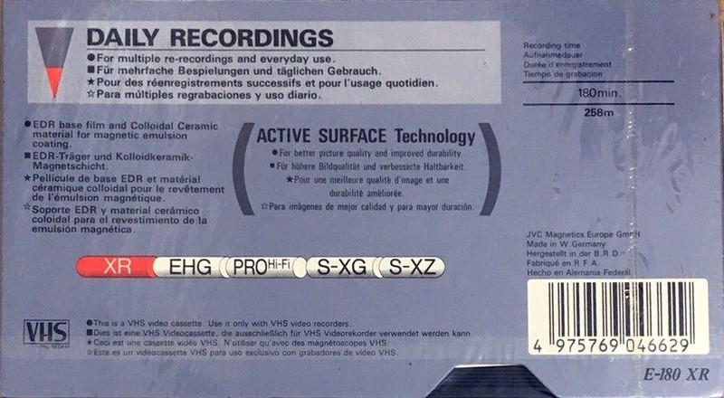 VHS, Video Home System JVC XR 180 "E-180 XR" Type I Normal 1990 Europe