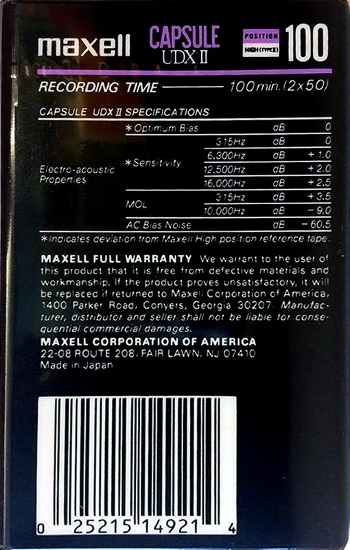 Compact Cassette Maxell Capsule II 100 "UDXII" Type II Chrome 1991 USA