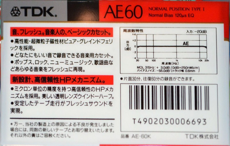 Compact Cassette TDK AE 60 "AE-60K" Type I Normal 1989 Japan