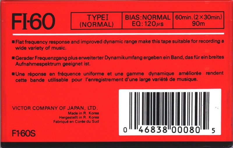 Compact Cassette JVC FI 60 "F1-60S" Type I Normal 1988 North America