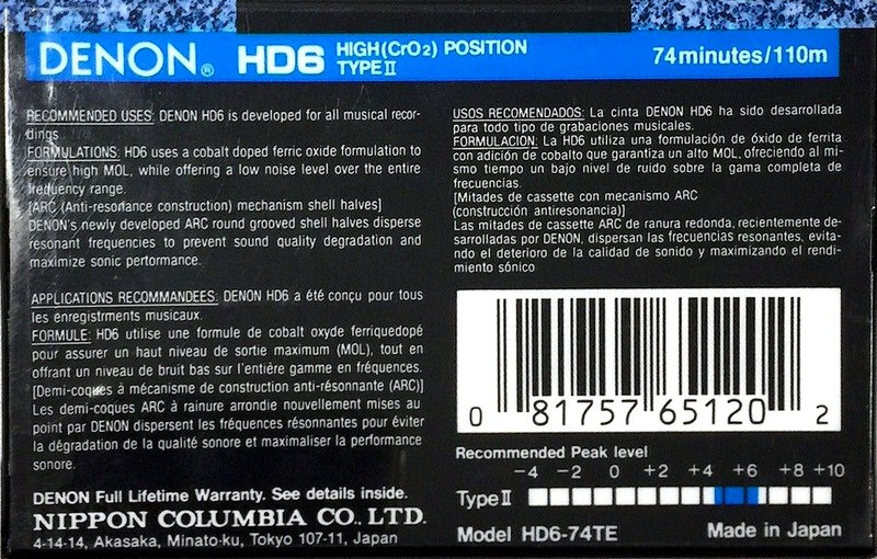 Compact Cassette Denon HD6 74 "HD6-74TE" Type II Chrome 1992 North America