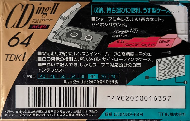 Compact Cassette TDK CDing 2 64 "CDING2-64R" Type II Chrome 1992 Japan