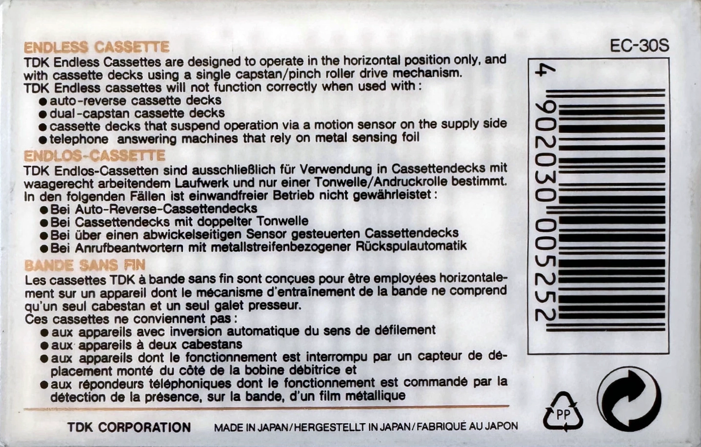 Compact Cassette TDK EC Endless 30 sec "EC-30S" Endless Cassette 1987 Europe