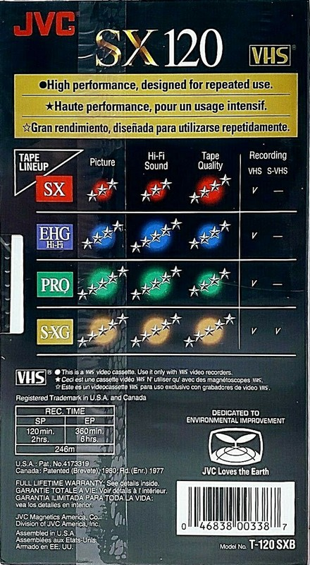VHS, Video Home System JVC SX 120 "T-120 SXB" Type I Normal 2002 North America