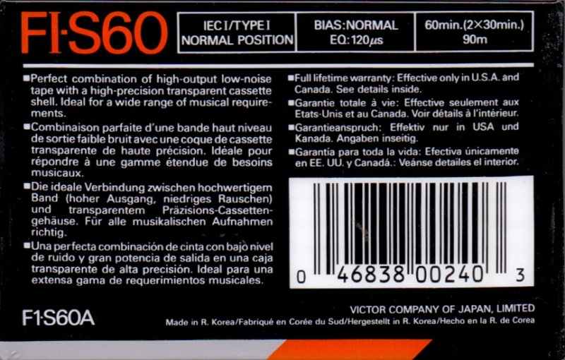 Compact Cassette JVC FI-S 60 "F1-S60A" Type I Normal 1990 North America