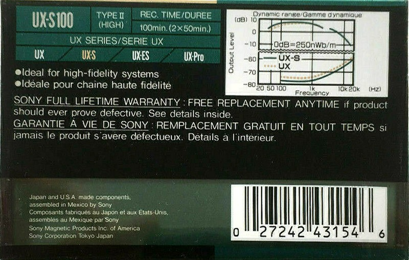 Compact Cassette Sony UX-S 100 Type II Chrome 1990 North America
