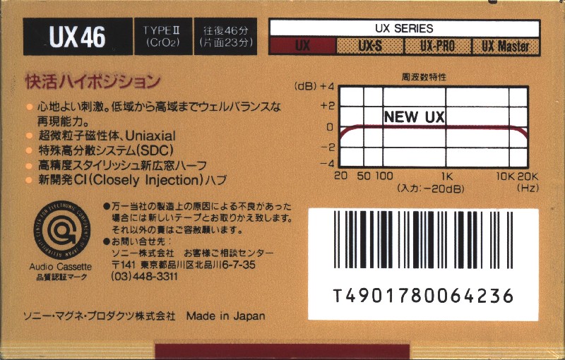 Compact Cassette Sony UX 46 Type II Chrome 1988 Japan
