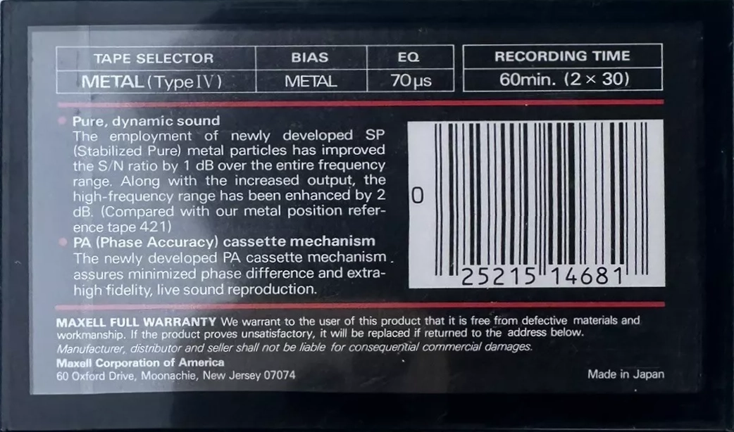 Compact Cassette Maxell MX 60 Type IV Metal 1985 USA