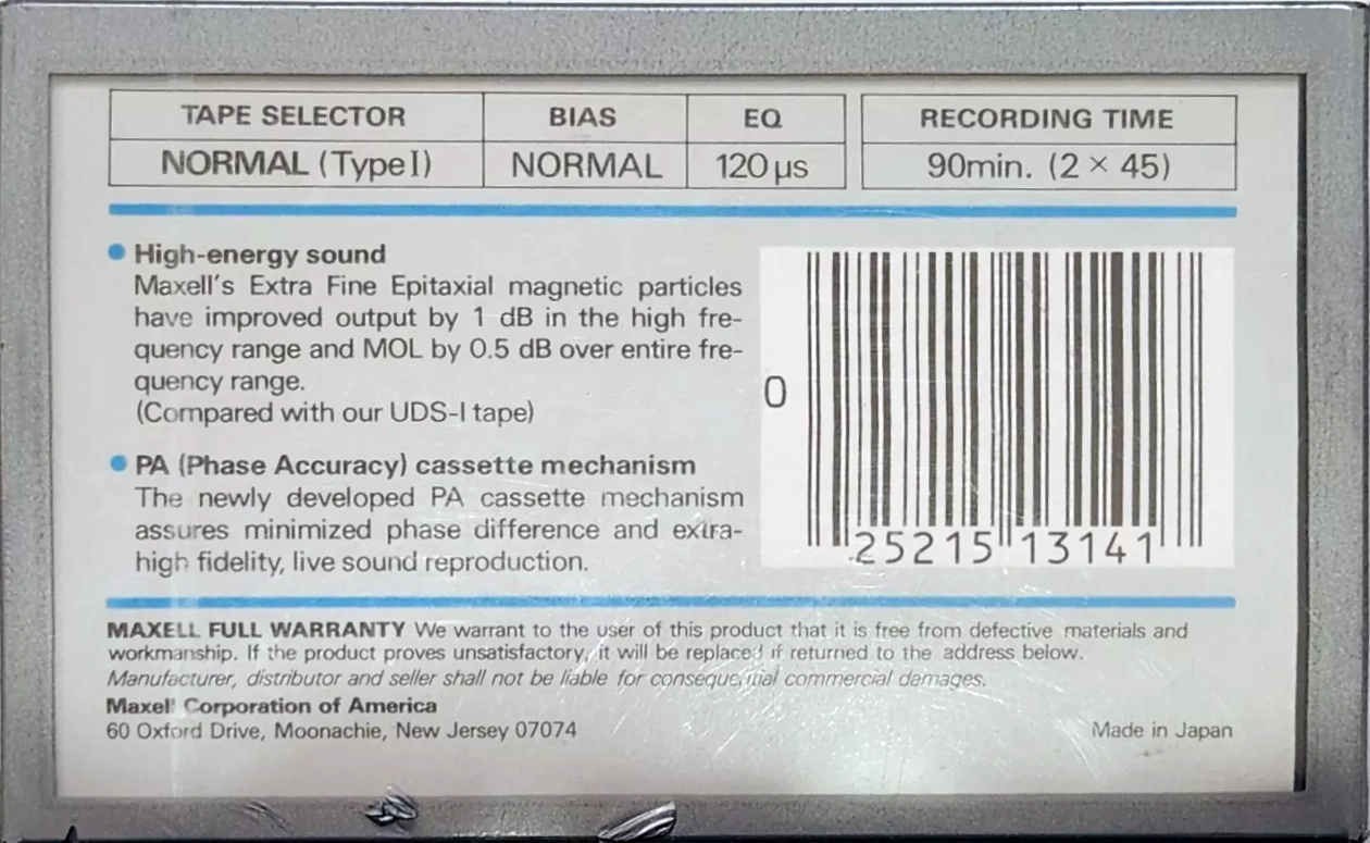 Compact Cassette Maxell XLI 90 Type I Normal 1984 USA