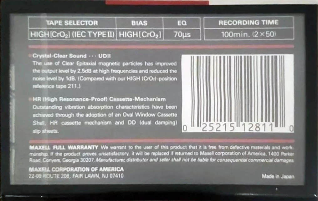 Compact Cassette Maxell UDII / UD2 100 Type II Chrome 1988 USA