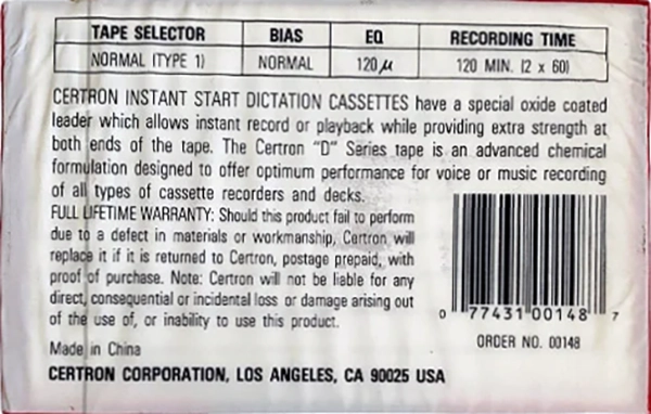 Compact Cassette Certron D / Dictation 120 Type I Normal 1992 USA