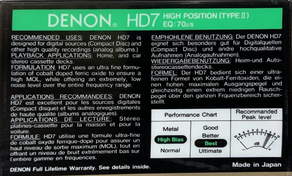 Compact Cassette Denon HD7 90 Type II Chrome 1988 Europe, USA