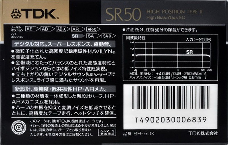 Compact Cassette TDK SR 50 "SR-50K" Type II Chrome 1989 Japan