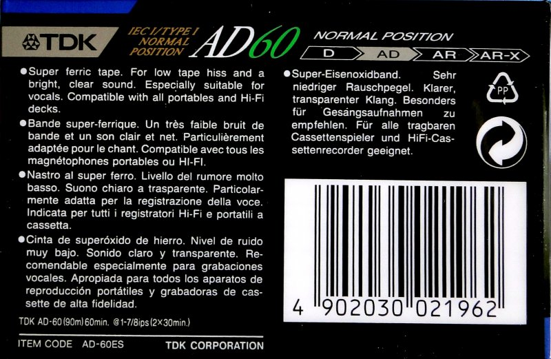 Compact Cassette TDK AD 60 "AD-60ES" Type I Normal 1990 Europe