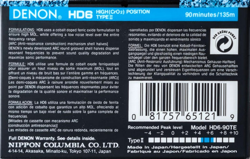 Compact Cassette Denon HD6 90 "HD6-90TE" Type II Chrome 1992 North America