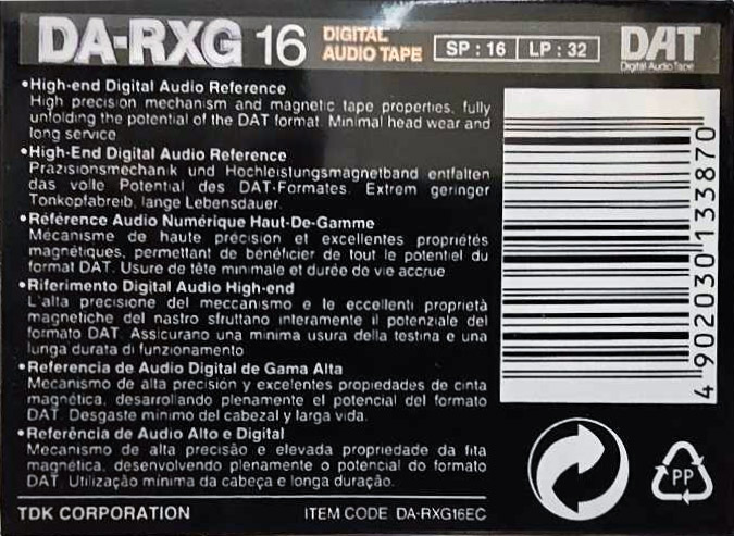 Digital Audio Tape TDK DA-RXG 16 "DA-RXG16EC" Type IV Metal 1996 Europe