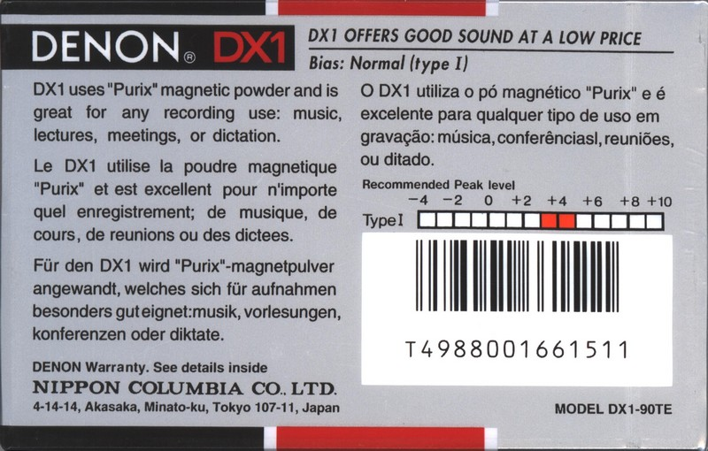 Compact Cassette Denon DX1 90 "DX1-90TE" Type I Normal 1992 Europe