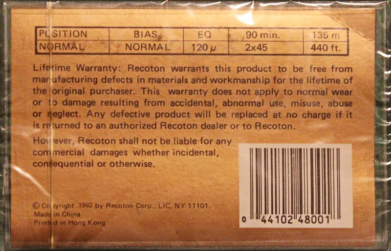 Compact Cassette Recoton XR 90 Type I Normal 1992 USA