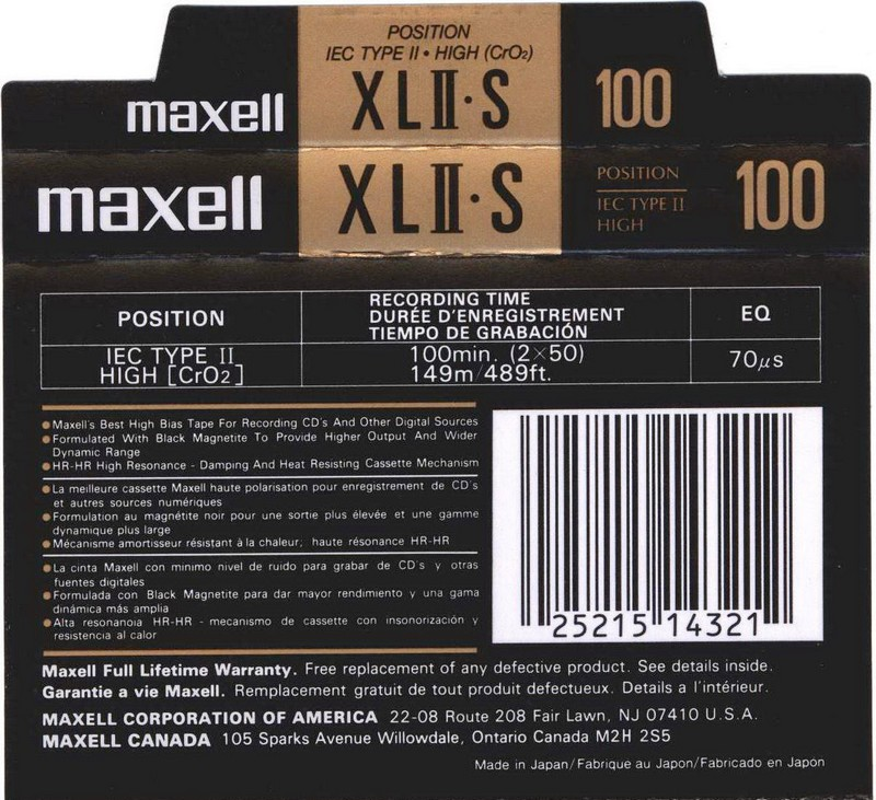 Compact Cassette Maxell XLII-S 100 Type II Chrome 1992 North America