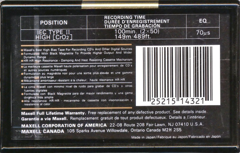 Compact Cassette Maxell XLII-S 100 Type II Chrome 1992 North America