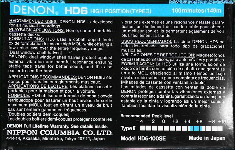 Compact Cassette Denon HD6 100 "HD6-100SE" Type II Chrome 1991 Worldwide