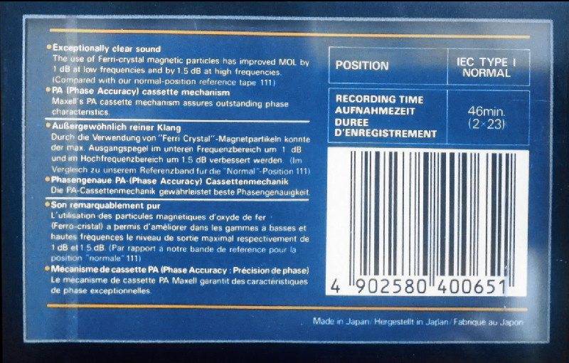 Compact Cassette Maxell UDI / UD1 46 Type I Normal 1985 Europe