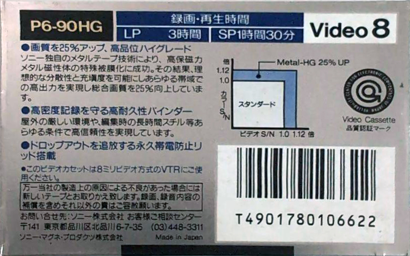 Video8, Hi8, Digital8 Sony HG 90 "P6-90HG" Type IV Metal 1989 Japan
