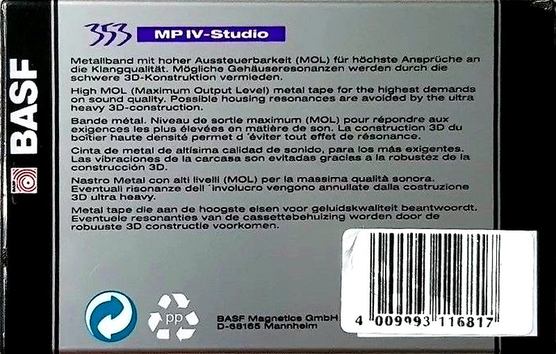 Compact Cassette BASF MP IV-Studio 90 Type IV Metal 1994 Europe