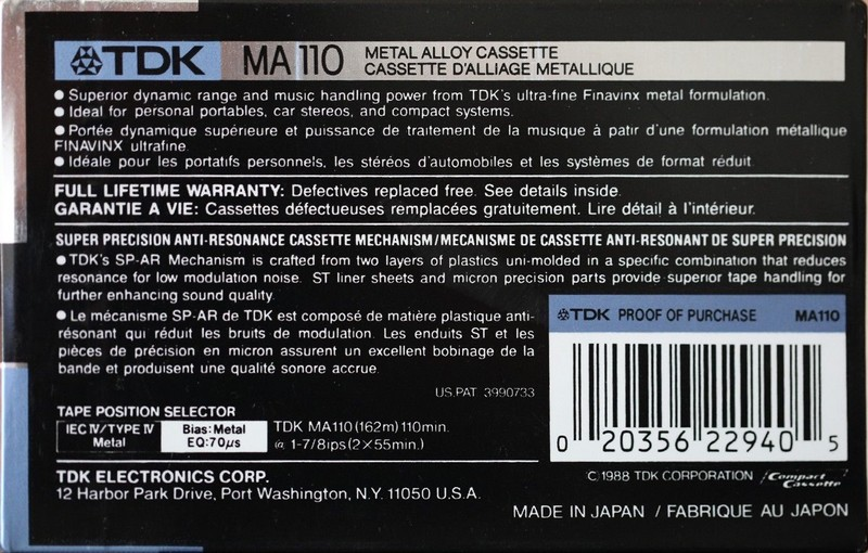 Compact Cassette TDK MA 110 "MA110" Type IV Metal 1988 North America