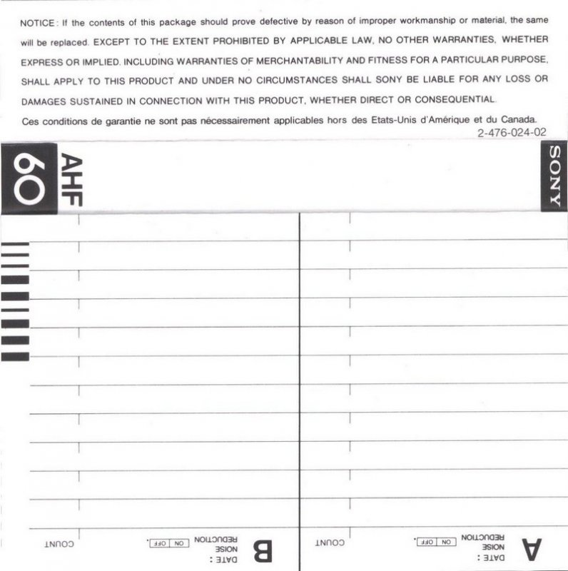Compact Cassette Sony AHF 60 Type I Normal 1978 North America