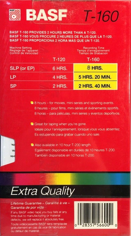 VHS, Video Home System BASF Extra Quality 160 Type I Normal 1988 North America