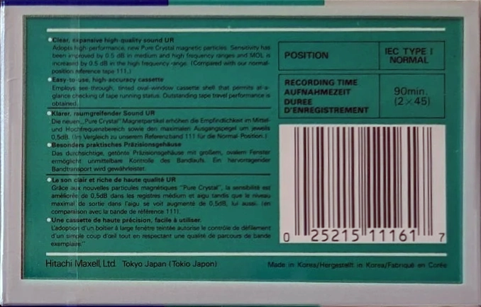 Compact Cassette Maxell UR 90 Type I Normal 1988 North America