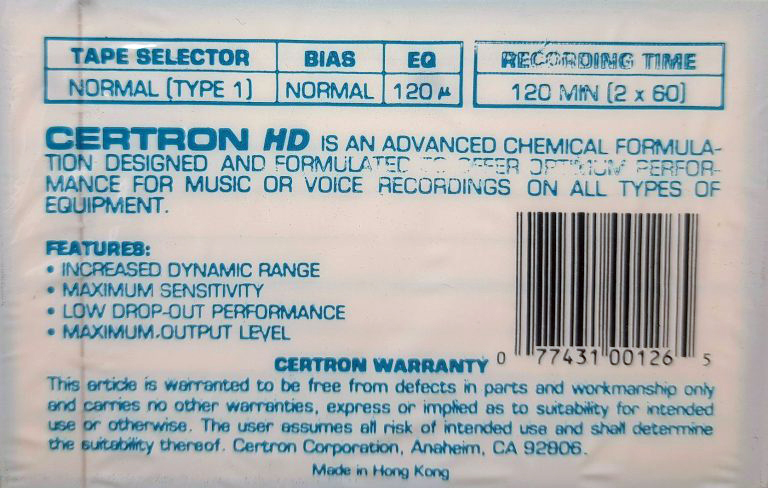 Compact Cassette Certron HD 120 Type I Normal 1988 USA