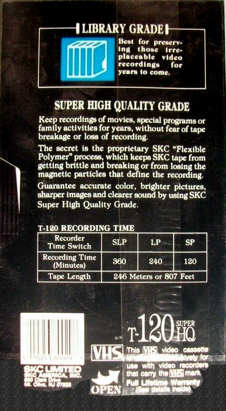 VHS, Video Home System SKC HQ 120 "Library grade" Type I Normal 1993 USA