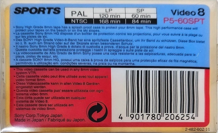 Video8, Hi8, Digital8 Sony HG 60 "Video8 P5-60SPT for Sports" Type IV Metal 1993 Europe
