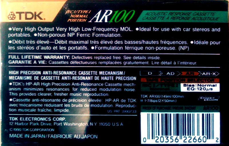 Compact Cassette TDK AR 100 "AR100" Type I Normal 1990 North America