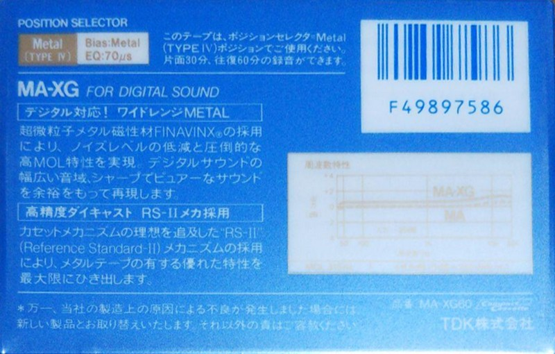 Compact Cassette TDK MA-XG 60 Type IV Metal 1985 Japan