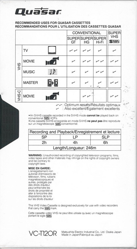 VHS, Video Home System Quasar Super GT 120 "VC-T120R" Type I Normal North America