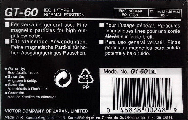 Compact Cassette JVC GI 60 "G1-60B" Type I Normal 1992 North America