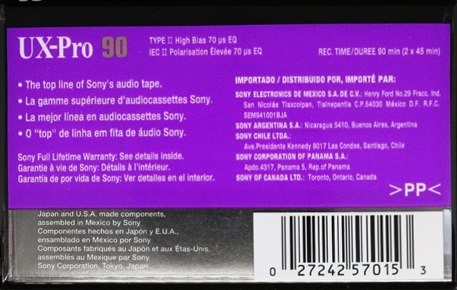 Compact Cassette Sony UX-Pro 90 Type II Chrome 1995 North America