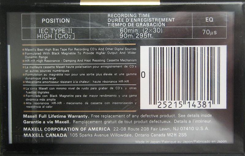 Compact Cassette Maxell XLII-S 60 Type II Chrome 1992 North America