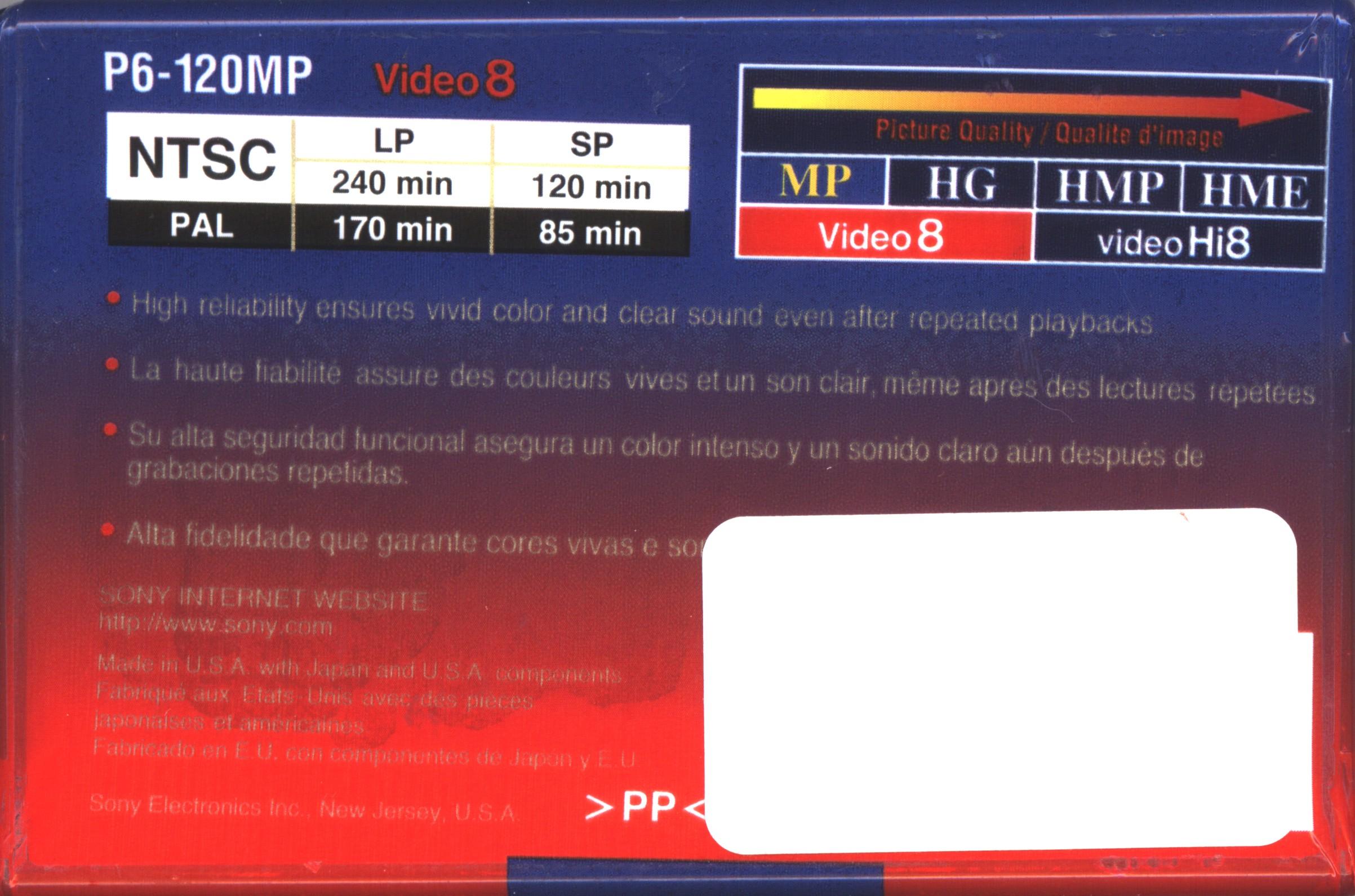 Video8, Hi8, Digital8 Sony MP 120 "Video8 P6-120MP" Type I Normal 1998 North America