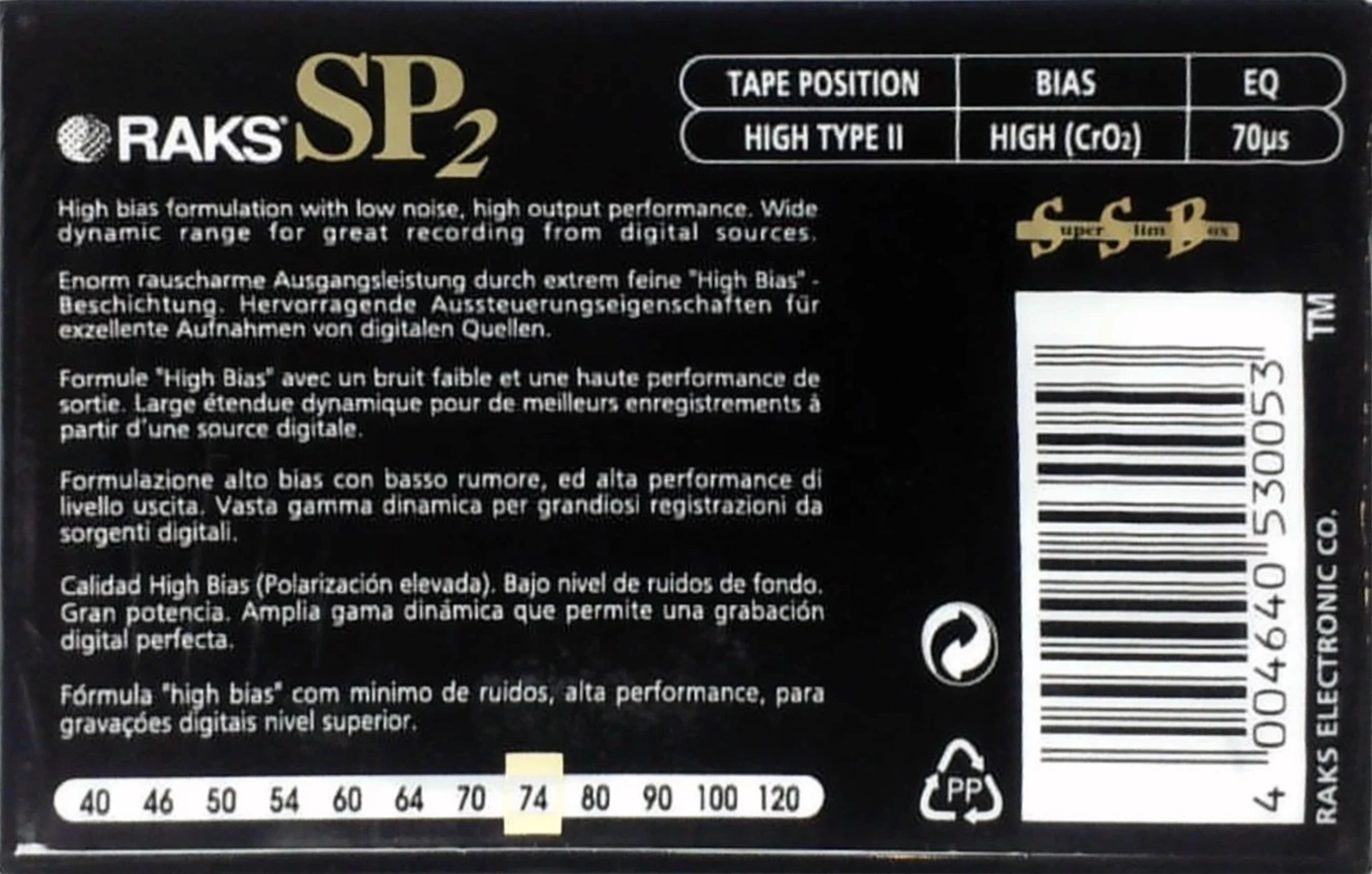 Compact Cassette RAKS SP 74 "SP 2" Type II Chrome 1996 Europe